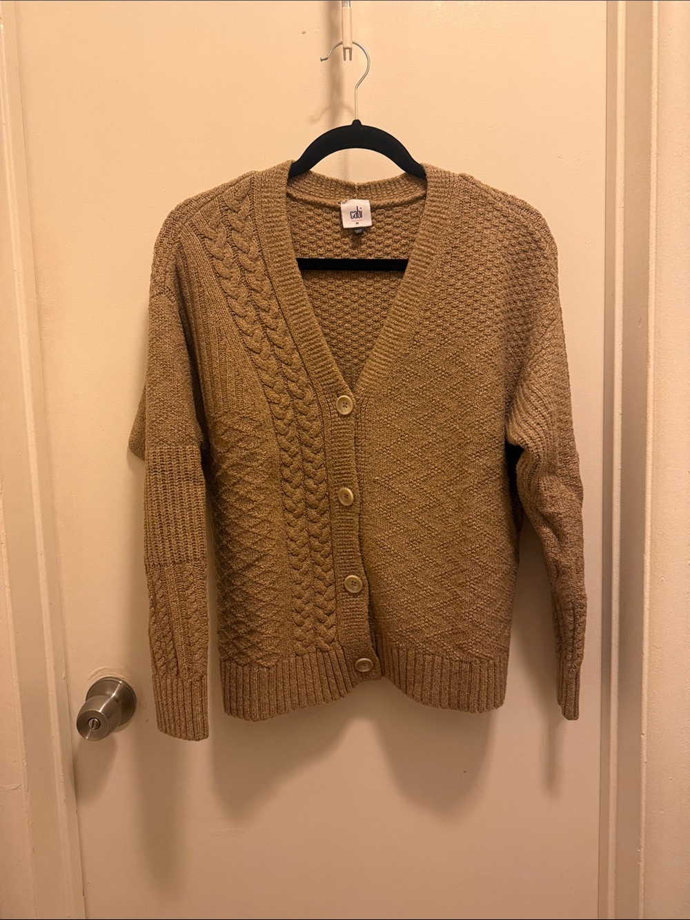 CAbi Camel Cable-Knit Button Cardigan